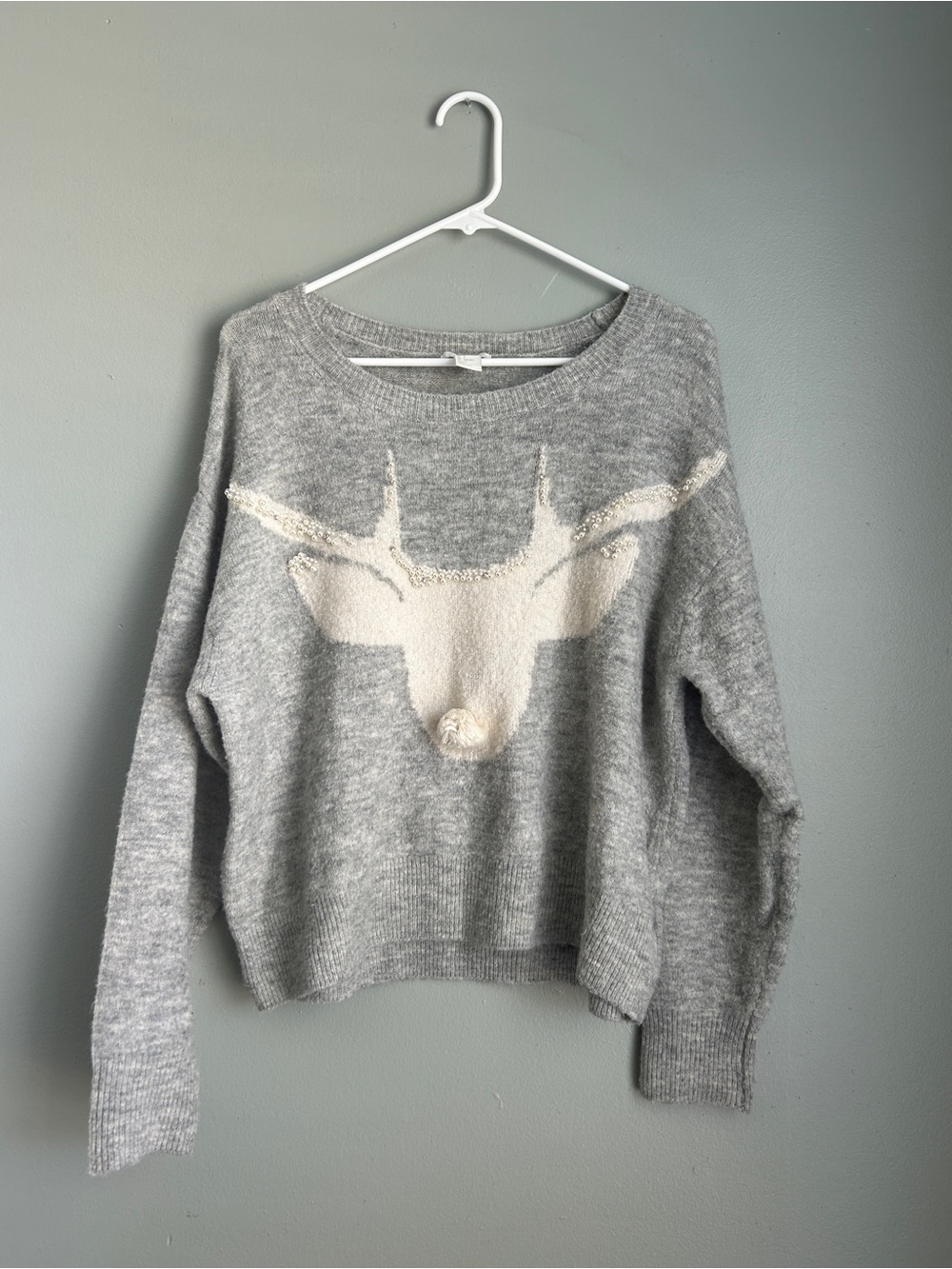 H&M Gray Sweater with Cream Reindeer Motif - Women's
